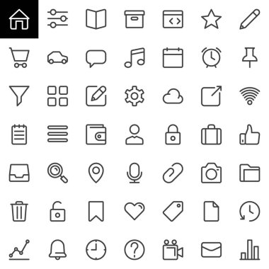 Temel Kullanıcı arabirimi satır Icons set, Anahat vektör simgesi toplama, doğrusal tarz piktogram paketi. İşaretler, logo illüstrasyon. Ev, ayarları, kitap, Kullanıcı, bulut, cüzdan, etiket, saat kilit PIN simgeler içerir