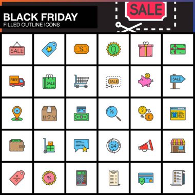 Siyah Cuma satış satırı Icons set, alışveriş Anahat vektör simgesi toplama dolu, doğrusal renkli piktogram paketi üzerinde izole beyaz, logo illüstrasyon