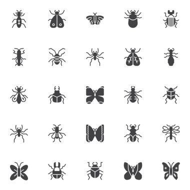 Böcekler ve Buglar vektör simgeler kümesi, modern katı simgesi toplama, dolgulu tarz piktogram paketi. İşaretler, logo illüstrasyon. Güve, Pire, Hamam böceği, kene hayvan, eşek arısı, böcek, sinek gibi simgeler içerir
