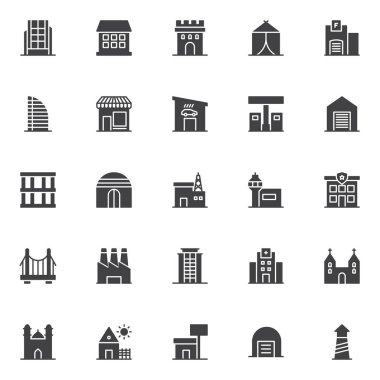 Binalar vektör simgeler kümesi, modern katı simgesi toplama, dolgulu tarz piktogram paketi. İşaretler, logo illüstrasyon. Modern ofis binası, ev, kale kule, otel, garaj olarak simgeler içerir
