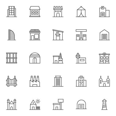 Binalar Icons set anahat. Doğrusal stil semboller koleksiyonu, hat paketi imzalar. vektör grafikleri. Modern ofis binası, ev, kale kule, otel, garaj olarak simgeler içerir