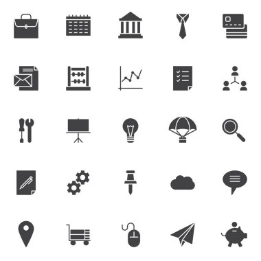 İş vektör simgeler kümesi, modern katı simgesi toplama, dolgulu tarz piktogram paketi. İşaretler, logo illüstrasyon. Bavul, duvar takvimi, banka binası, işadamı kravat, kredi olarak simgeler içerir 