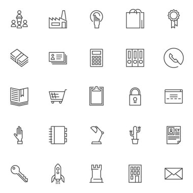 İş öğeleri Icons set anahat. Doğrusal stil semboller koleksiyonu, hat paketi imzalar. vektör grafikleri. Konuşma Kürsü, el hareketi, sertifika hatip olarak simgeler içerir