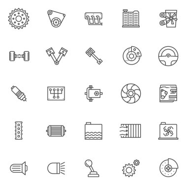 Araba motoru anahat simgelerini belirlemek. Doğrusal stil semboller koleksiyonu, hat paketi imzalar. vektör grafikleri. Set simgeleri dişli, Kemer sürücü, araba egzoz manifoldu, radyatör içerir.