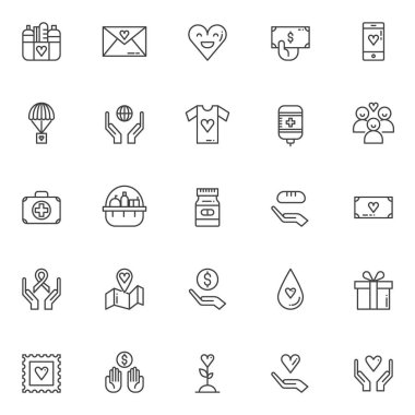 Sadaka öğeleri Icons set anahat. Doğrusal stil semboller koleksiyonu, hat paketi imzalar. vektör grafikleri. Bağış Gıda, mutlu kalp, el ile para, kan nakli olarak simgeler içerir