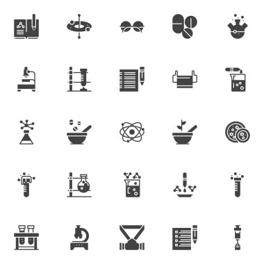 Kimya Bilim vektör simgeler kümesi, modern katı simgesi toplama, dolgulu tarz piktogram paketi. İşaretler logo illüstrasyon. Atom yapısı, optik gözlük, hap ve tabletler yuvarlak olarak simgeler içerir