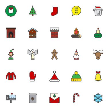 Noel dolu anahat Icons set, çizgi vektör simgesi toplama, doğrusal renkli piktogram paketi. İşaretler, logo illüstrasyon, Noel çelenk dekorasyon, ev gingerbread olarak simgeler içerir