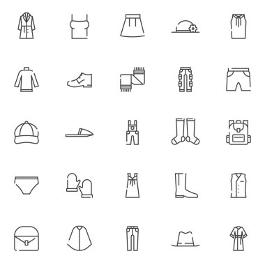 Giyim öğeleri Icons set anahat. Doğrusal stil semboller koleksiyonu, hat paketi imzalar. vektör grafikleri. Set içerir simgeleri moda ceket, kadın gömlek, şapka pamela, bluz, kazak, eşarp, Ayakkabı