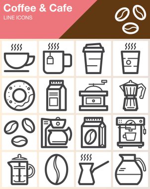 Kahve ve Cafe satır simgeler kümesi, Anahat vektör simgesi toplama, doğrusal tarz piktogram paketi. İşaretler, logo illüstrasyon. Simgeler Kupası, çörek, kupa, fasulye, kahve makinesi, taşlama olarak dahil