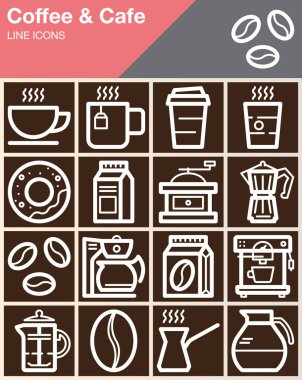Kahve ve Cafe satır simgeler kümesi, Anahat vektör simgesi toplama, doğrusal tarz piktogram paketi. İşaretler, logo illüstrasyon, web grafikleri