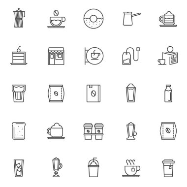Kahve dükkanı anahat simgelerini belirlemek. Doğrusal stil semboller koleksiyonu, hat paketi imzalar. vektör grafikleri. Çaydanlık, taze çörek, Cappuccino cup kremalı pasta simgeler içerir