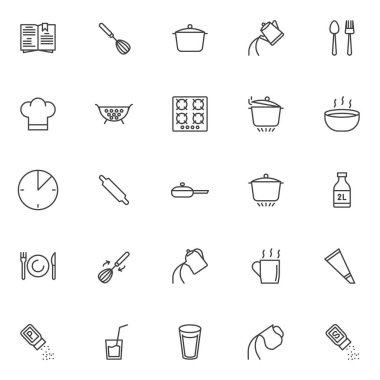 Pişirme talimatları Icons set anahat. Doğrusal stil semboller koleksiyonu, hat paketi imzalar. vektör grafikleri. Kitabı, yumurta çırpıcı mikser, yemek tava, su ısıtıcı dökün su, kaşık çatal simgeler içerir
