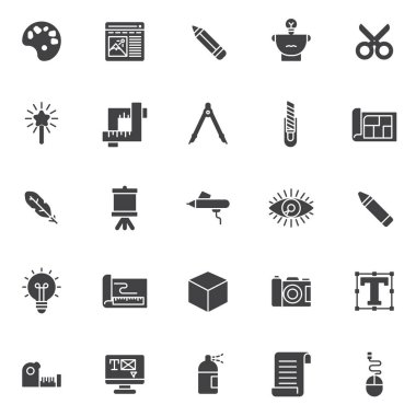 Çizim araçları vektör simgeler kümesi, modern katı sembolü koleksiyonu, tarz piktogram paketi dolu. İşaretler, logo illüstrasyon. Renk paleti, kalem, makas, sihirli değnek, kırpma, Pusula olarak simgeler içerir