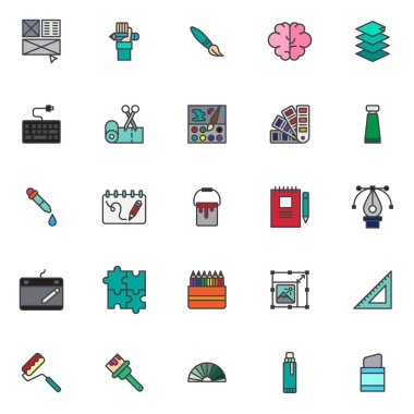 Çizim öğeleri anahat Icons set, çizgi vektör simgesi toplama, doğrusal renkli piktogram paketi dolu. Düzen, kalem, boya fırçası, eliyle makas gibi işaretler logo illüstrasyon, simgeler kümesi içerir