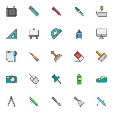 Tasarım araçları dolu anahat Icons set, çizgi vektör simgesi toplama, doğrusal renkli piktogram paketi. İşaretler, logo illüstrasyon, cetvel, kalem, kalem tablet, silindir, pusula, damga simgeler içerir