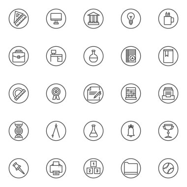 Eğitim anahat simgelerini belirlemek. Doğrusal stil semboller koleksiyonu, vektör grafikleri çizgi işaretleri paketi. Üçgen cetvel, bilgisayar monitörü, banka binası, ampul, kalem ve kurşun kalem ile kupa simgeler içerir
