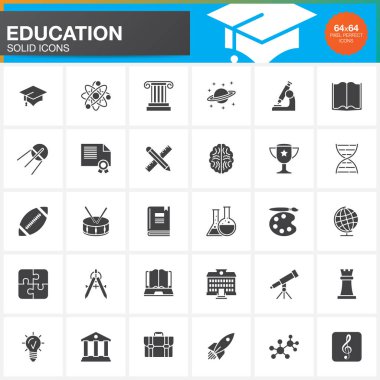 Eğitim vektör Icons set, modern katı sembolü koleksiyonu, beyaz, piksel mükemmel logosu illüstrasyon izole okul piktogram paketi