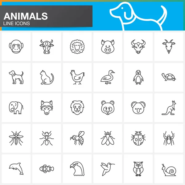 Animals Line Icons Set Outline Vector Symbol Collection Linear Pictogram — Stock Vector