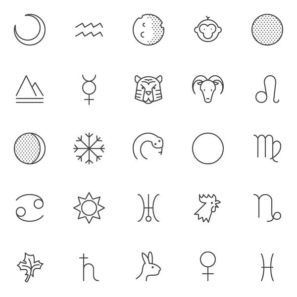 占星術のアウトラインのアイコンを設定します 直線的なスタイルのシンボル コレクション ラインは パックを署名します ベクトル グラフィックス セットには 上弦の月水瓶座星座 地球自然の要素 — ストックベクタ