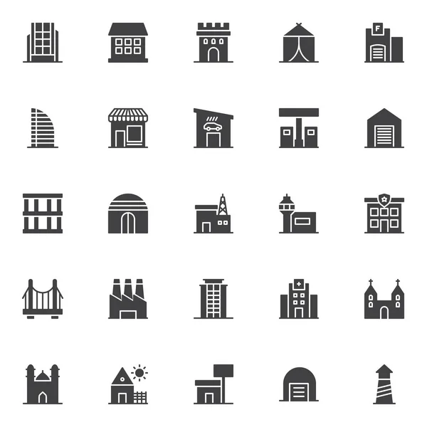 Conjunto Ícones Vetoriais Edifícios Coleção Símbolos Sólidos Modernos Pacote Pictogramas — Vetor de Stock