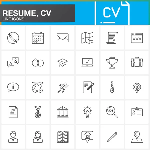 Zeilensymbole Für Lebenslauf Oder Lebenslauf Konturenvektorsymbolsammlung Lineares Piktogrammpaket Isoliert Auf — Stockvektor