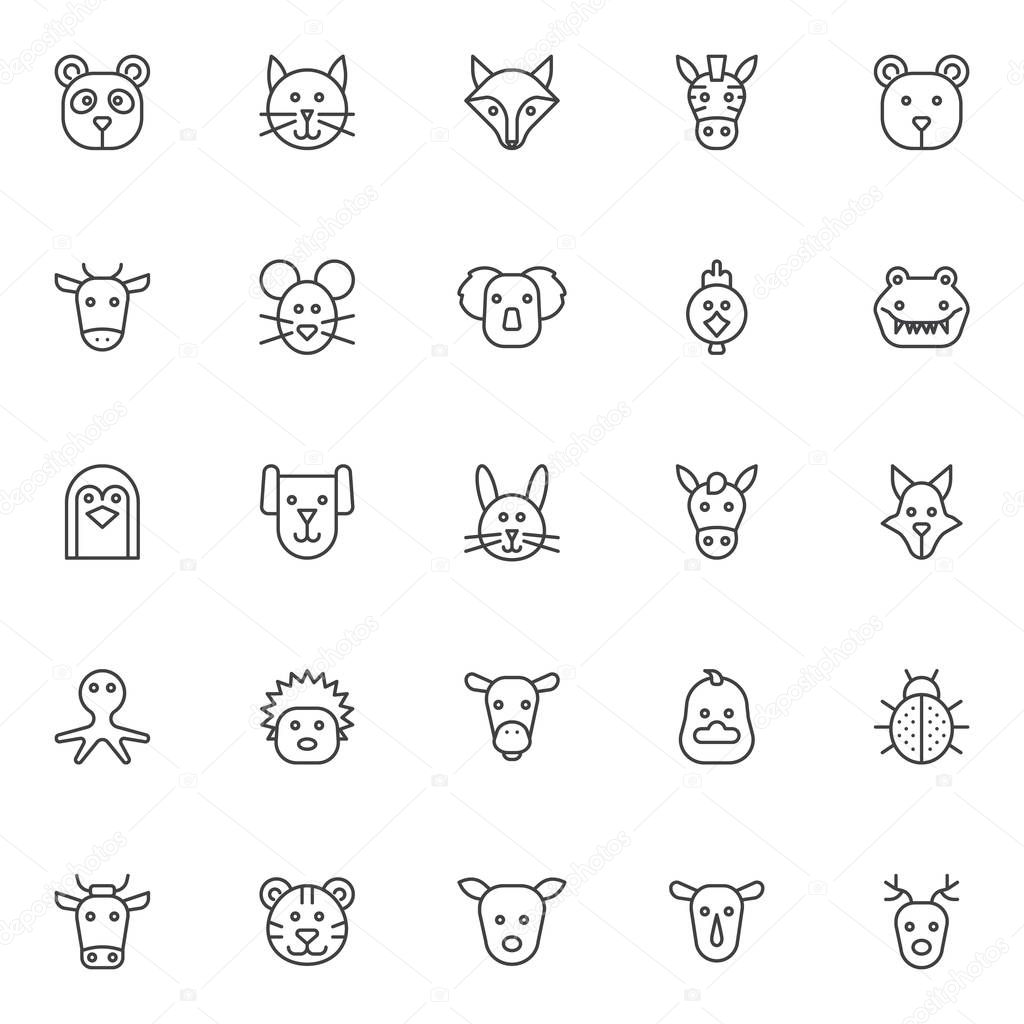 Animals outline icons set. linear style symbols collection, line signs pack. vector graphics. Set includes icons as panda head, cat, fox, zebra, bear, cow, mouse, koala, hen bird crocodile penguin