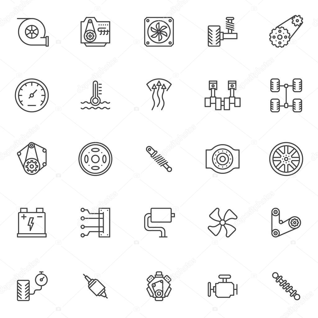 Car engine elements outline icons set. linear style symbols collection, line signs pack. vector graphics. Set includes icons as turbine, Radiator fan, suspension, belt, Speedometer, Shock absorber