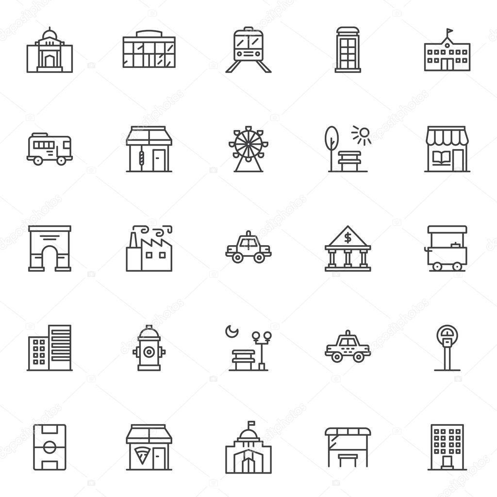 Urban buildings outline icons set. linear style symbols collection, line signs pack. vector graphics. Set includes icons as Mosque building palace, Shopping mall, Barber Shop store, Bus station