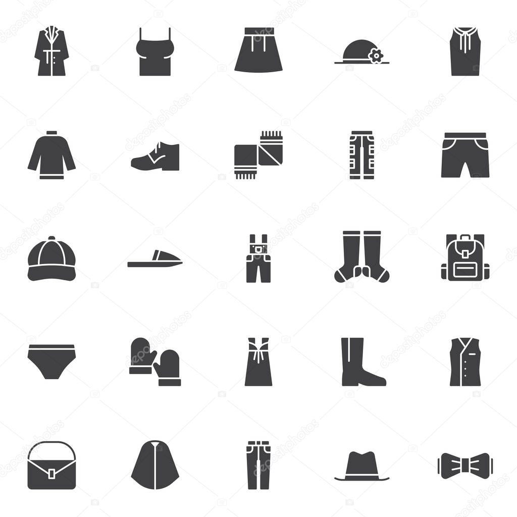 Clothing elements vector icons set, modern solid symbol collection, filled style pictogram pack. Signs, logo illustration. Set includes icons as Women shirt, Hat pamela, blouse, Sweater, Scarf, Shoes