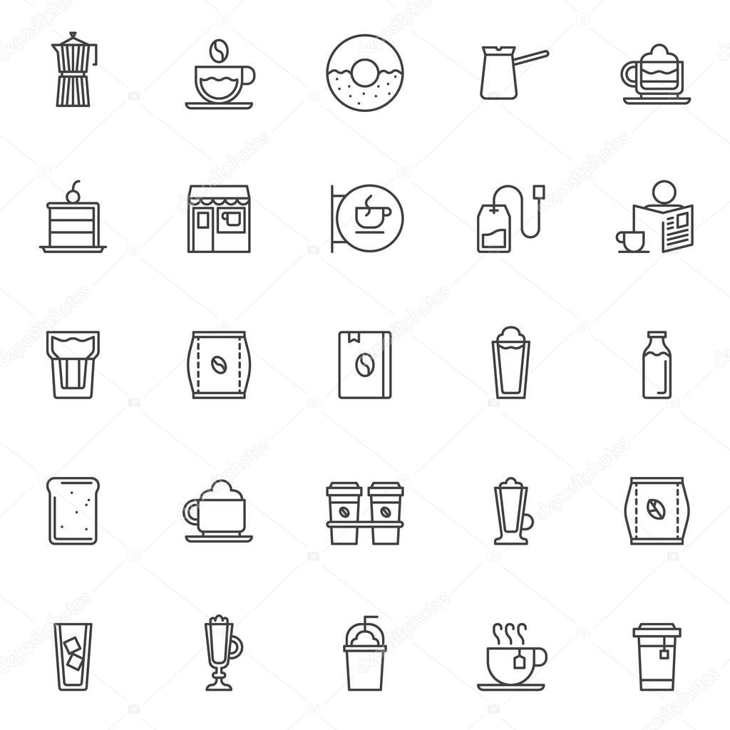 Coffee shop outline icons set. linear style symbols collection, line signs pack. vector graphics. Set includes icons as Tea kettle, Fresh doughnut, Cappuccino cup with whipped cream, Piece of cake