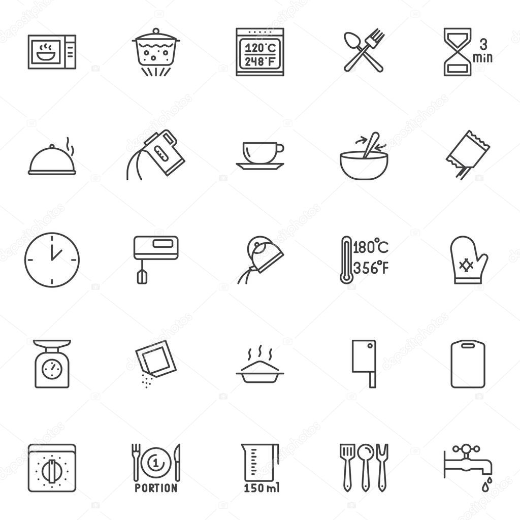 Cooking instructions and kitchenware outline icons set. linear style symbols collection, line signs pack. vector graphics. Set includes icons as microwave oven, boiling water, fork and spoon, food