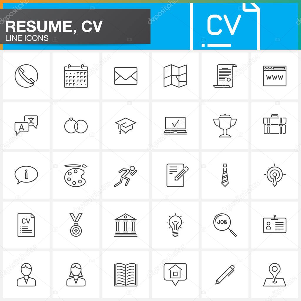 Line Icons set for Resume or CV. Outline vector symbol collection, linear pictogram pack isolated on white, logo illustration