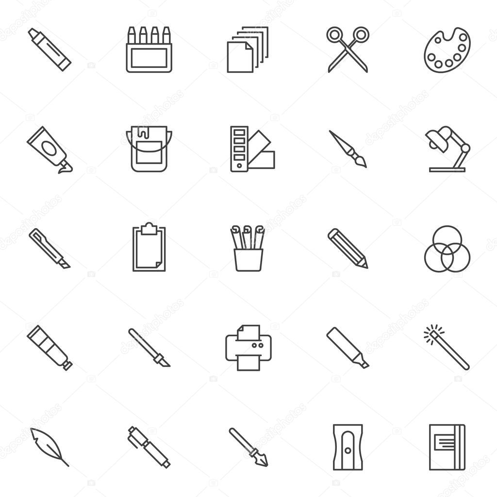 Design tools outline icons set. linear style symbols collection, line signs pack. vector graphics. Set includes icons as Crayon , box, Papers, Scissors, Color palette, Acrylic paint tube, Pantone