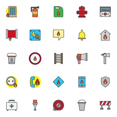 Acil durumlar unsurlar dolu anahat Icons set, çizgi vektör simgesi toplama, doğrusal renkli piktogram paketi. İşaretler, logo illüstrasyon, bina, yangın söndürücü yanma olarak simgeler içerir