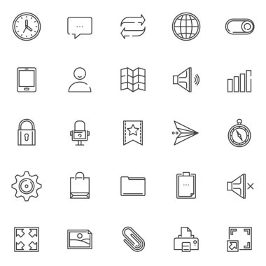 Evrensel temel Icons set anahat. Doğrusal stil semboller koleksiyonu, hat paketi imzalar. vektör grafikleri. Duvar saati, konuşma balonu, tarayıcı küre, tablet, asma kilit, pano olarak simgeler içerir