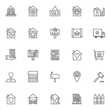 Real estate outline icons set. linear style symbols collection, line signs pack. vector graphics. Set includes icons as building and fence, sold house, for sale signboard, street billboard, car garage clipart