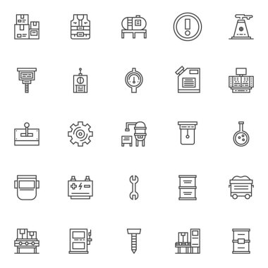 Fabrika anahat simgelerini belirlemek. Doğrusal stil semboller koleksiyonu, hat paketi imzalar. vektör grafikleri. Set simgeleri içerir paket kutuları, Emanet yelek, tank Muhafazası, sanayi, drille, uzaktan kumanda, ölçer