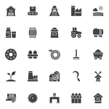 Tarım vektör simgeler kümesi, modern katı sembolü koleksiyonu, tarz piktogram paketi dolu. İşaretler, logo illüstrasyon. Barn house, konveyör, Tarım makineleri, fabrika istasyonu olarak simgeler içerir