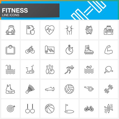 Fitness satır Icons set, Anahat vektör simgesi toplama, beyaz, logo illüstrasyon izole doğrusal piktogram paketi