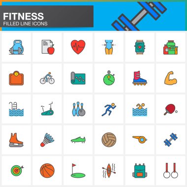 Fitness satır simgeler ayarla, Anahat vektör simgesi toplama, beyaz, renkli logo illüstrasyon izole doğrusal piktogram paketi dolu