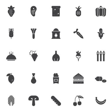 Mama vektör simge seti, modern katı simgesi toplama, dolgulu tarz piktogram paketi. İşaretler, logo illüstrasyon. Çilek meyve, et biftek, tost ekmeği, ananas meyve, buğday gibi simgeler içerir