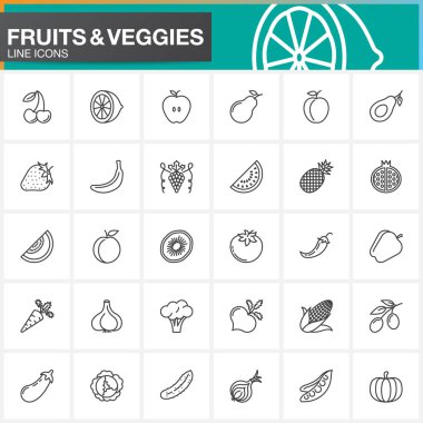 Meyve ve sebze Icons set, Anahat vektör simgesi toplama, beyaz, logo illüstrasyon izole doğrusal piktogram paketi satır