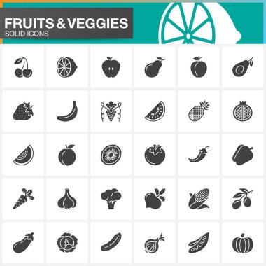 Meyve ve sebze Icons set, modern katı simgesi toplama vektör, dolgulu piktogram paketi üzerinde izole beyaz, logo illüstrasyon