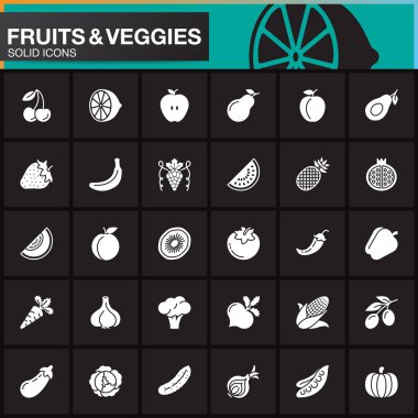 Meyve ve sebze Icons set, modern katı simgesi toplama vektör, dolgulu piktogram paketi üzerinde izole siyah, logo illüstrasyon