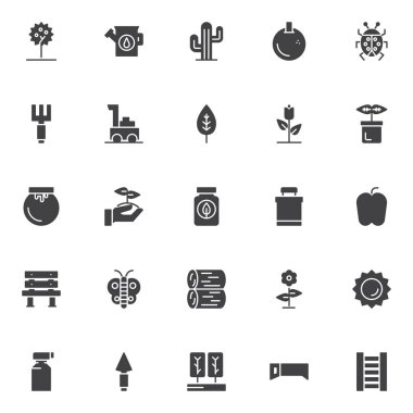 Bahçe ekipman vektör simgeler kümesi, modern katı sembolü koleksiyonu, tarz piktogram paketi dolu. İşaretler, logo illüstrasyon. Elma ağacı, sulama olabilir, kaktüs, portakal, uğur böceği olarak simgeler içerir