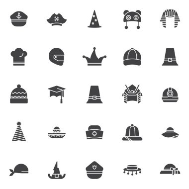 Headdress vektör simgeler kümesi, modern katı simgesi toplama, dolgulu tarz piktogram paketi. İşaretler logo illüstrasyon. Deniz şapka, korsan, Sihirbazı, Firavun, aşçı şapkası, motosiklet kask simgeler içerir