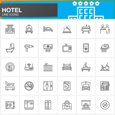 Otel hizmetleri ve imkanları satır Icons set, Anahat vektör simgesi toplama, doğrusal piktogram paketi. İşaretler, logo illüstrasyon. Simgeler olarak otel, yatak, Resepsiyon, güvenli, tv, havuzu, anahtar, harita içerir