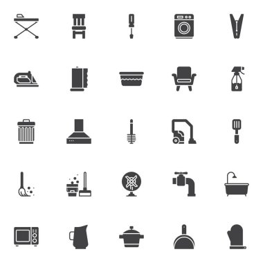 Ev Eşyası vektör simgeler kümesi, modern katı simgesi toplama, dolgulu tarz piktogram paketi. İşaretler, logo illüstrasyon. Ütü masası, sandalye, tornavida, çamaşır makinesi olarak simgeler içerir