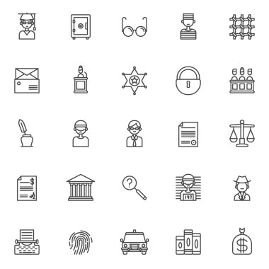 Justice outline icons set. linear style symbols collection, line signs pack. vector graphics. Set includes icons as judge, safebox, glasses , prisoner, prison bars, subpoena, witness, sheriff's badge clipart