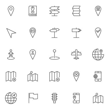 Konumu ve gezinti Icons set anahat. Doğrusal stil semboller koleksiyonu, hat paketi imzalar. vektör grafikleri. Harita işaretçi, kitap PIN yer, yön tabelası, işaretçi, navigator ile simgeler içerir